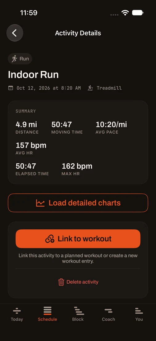 Activity Details for a 4.9 mile indoor treadmill run: 50 minutes 47 seconds moving time, 10:20 per mile average pace, average heart rate 157 and max 162 beats per minute, with a button to link the run to a planned workout.
